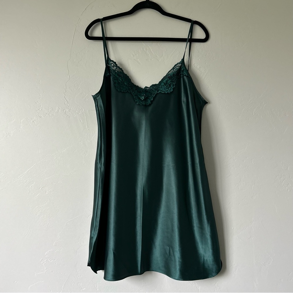 Vintage Deep Green Satin Lace Trim Slip Dress Whimsigoth Romantic